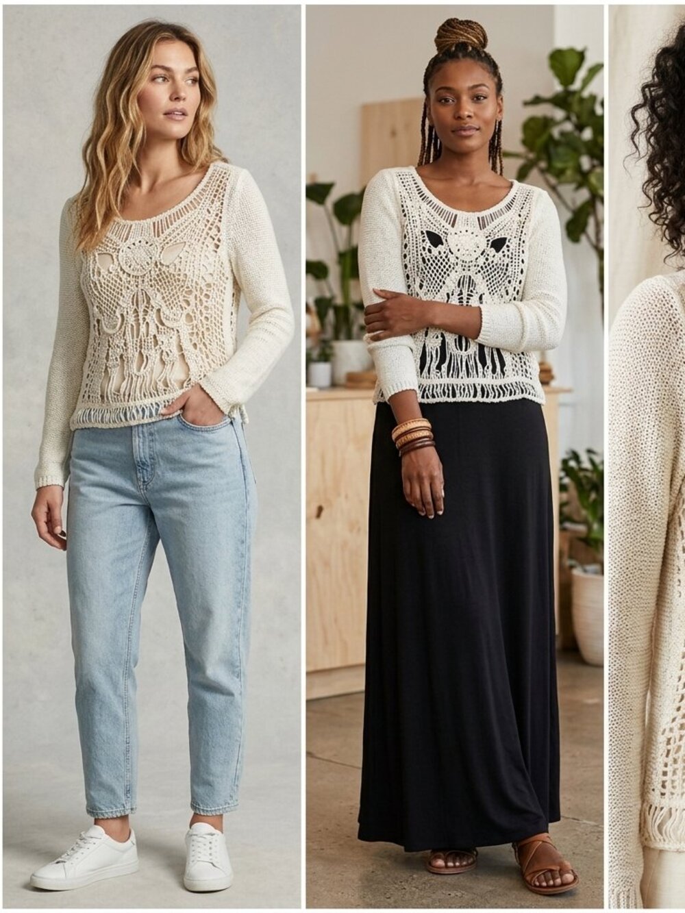 Chicos Pullover Sweater Size 0 Long Sleeves Scoop Neck Crochet Knit Panel White